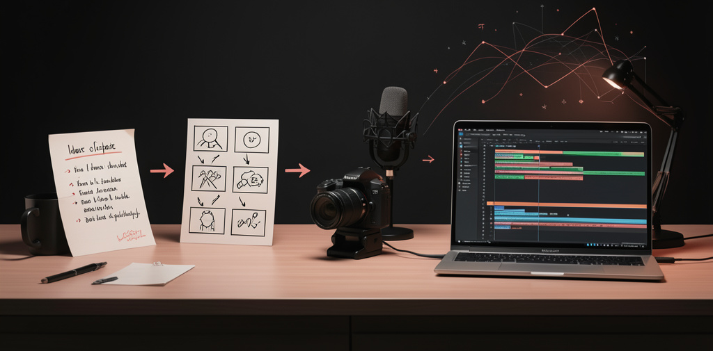 A polished editorial illustration for a beginner’s guide to making a YouTube video with AI