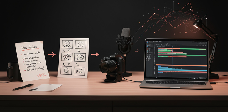 a creator’s desk showing the stages of a video program