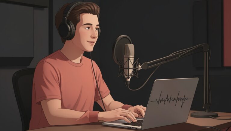 illustration of a person recording a clear voiceover in a simple home setup