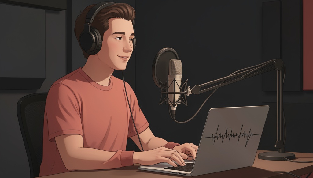 illustration of a person recording a clear voiceover in a simple home setup